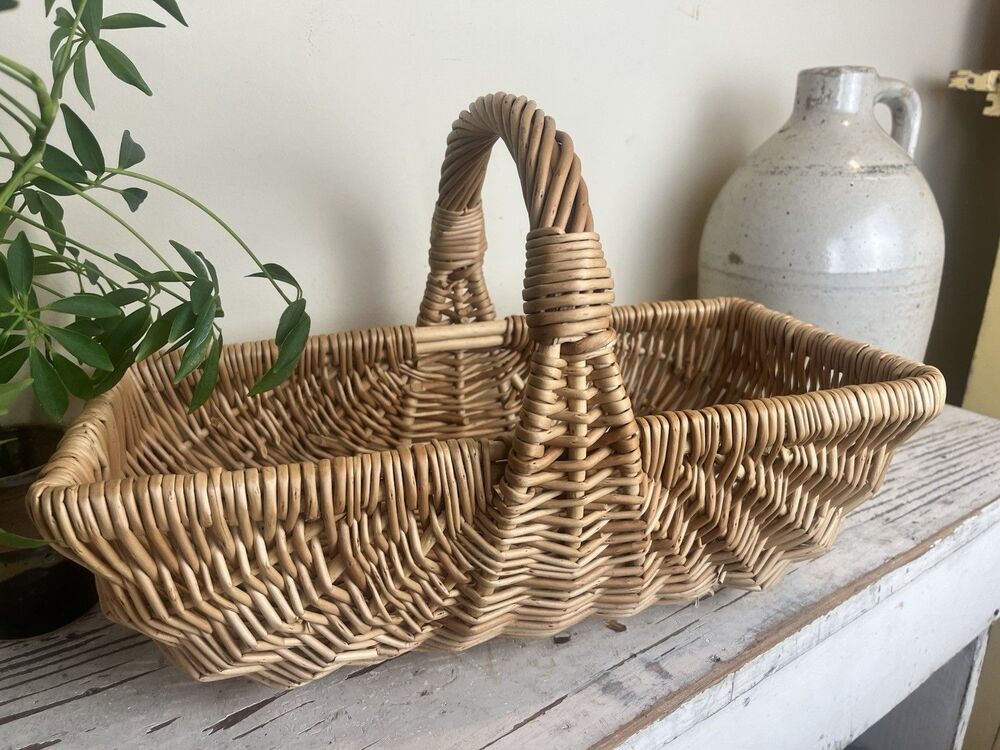 Antique Woven Market Gathering Basket Old Patina French Farmhouse 16”x11”x9”